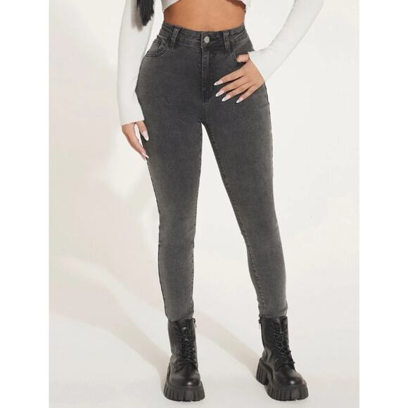 Petite High Waist Grey Skinny Jeans - Picture 1 of 5